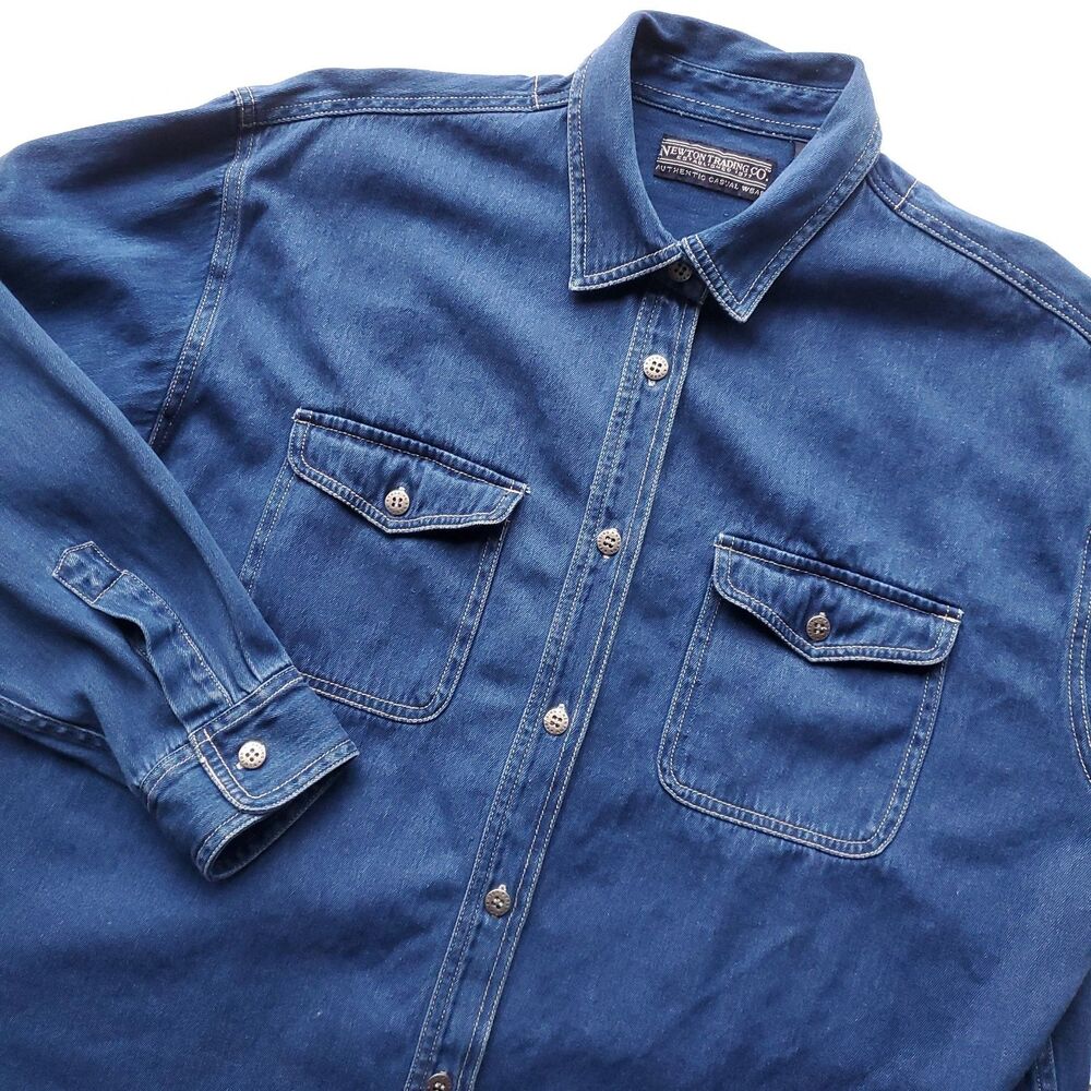 VTG 90s Denim Shirt XL Blue Long Sleeve Button Up Newton Trading Co Western